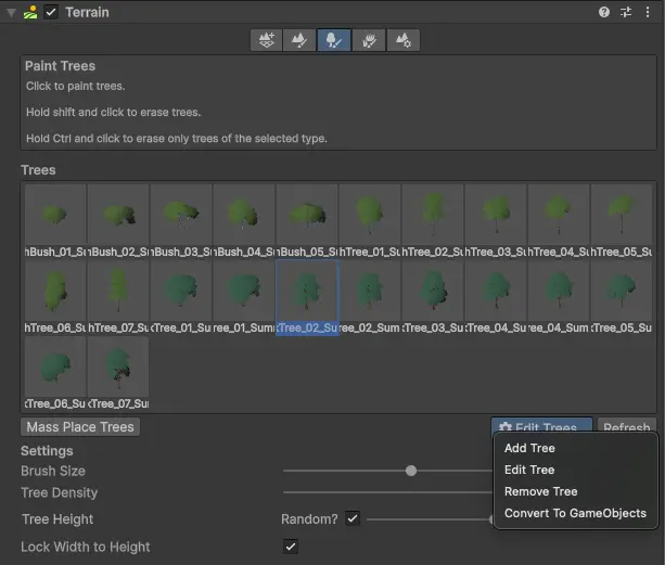 Edit Trees in Terrain Inspector